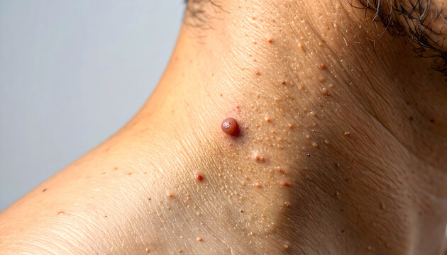 Person's neck showing multiple skin tags and moles