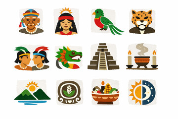 Guatemalan mythology icon set in vector style