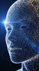Abstract face formed by blue and gold particles, glowing softly, suggesting digital identity, artificial intelligence, or future technology