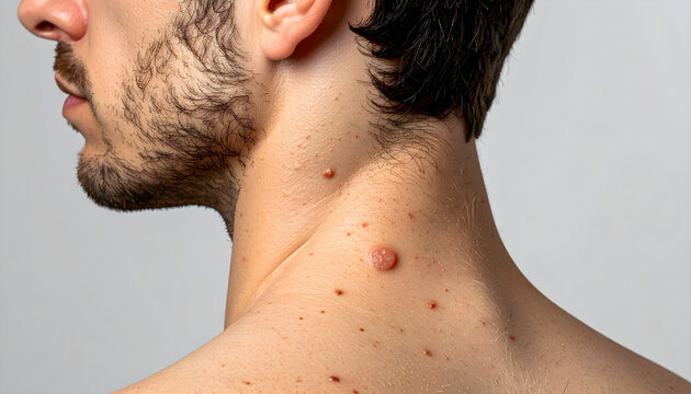 Man showing skin moles and lesions on neck