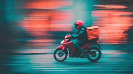 Fototapeta premium Delivery rider speeds through city streets at night