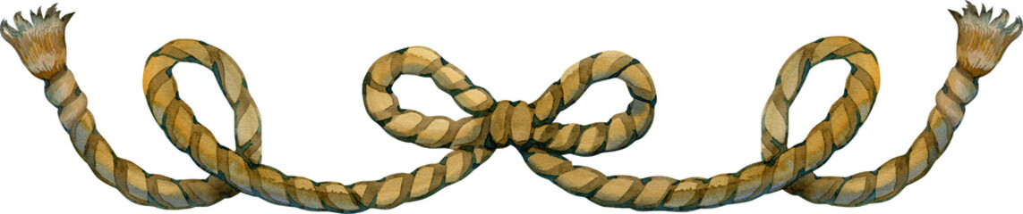 Charming watercolor illustration of a sturdy rope bow. Hand-painted nautical knot resembling a festive ribbon, ideal for gift packaging, rustic decor © Natali_Mias