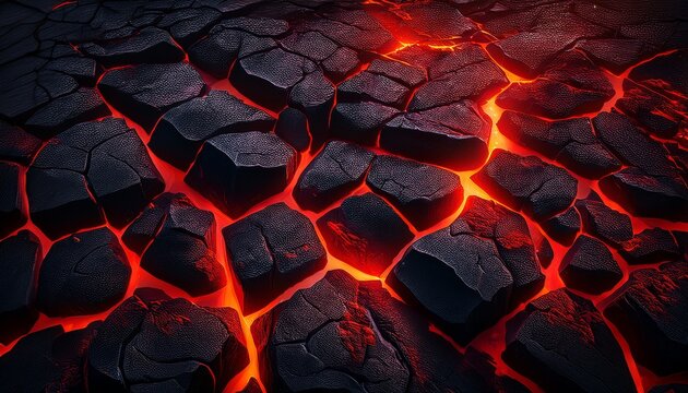 Coal Background With Red Lava Gaps Between The Stones Mainers Underground With Atmospheric Light Red Lava Cracks And Rocks