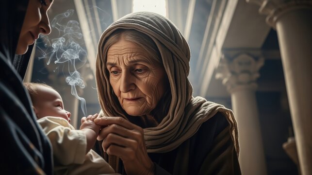 Biblical prophetess Anna recognizing infant Jesus in the temple. Elderly woman with deep wrinkles touching baby hand. Religious concept
