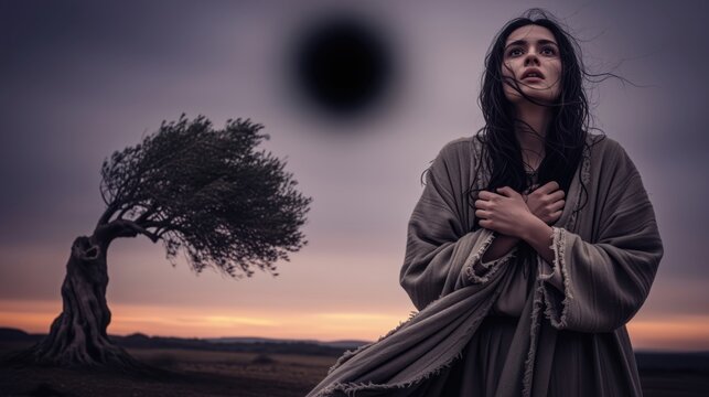 Young woman in ancient robes looking up at a dark eclipse. Dramatic apocalyptic landscape with a biblical female figure and a black sun