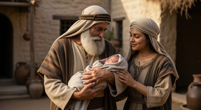Biblical elderly man holding a newborn baby standing with a woman in ancient village. Religious patriarch with white beard and mother. Abraham and Sarah with Isaac concept