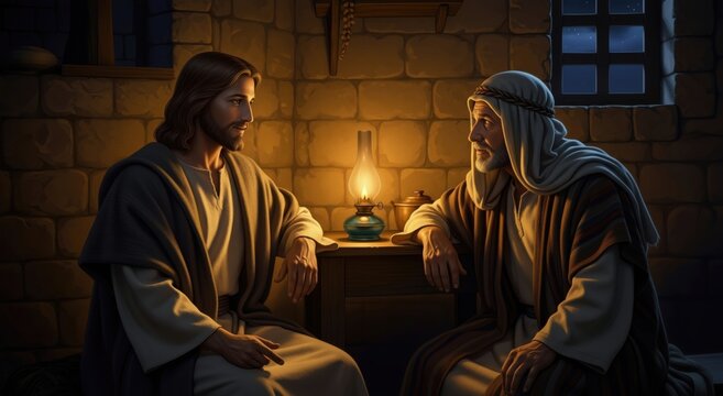 Jesus Christ talking with Nicodemus at night by oil lamp light. Biblical scene of the Pharisee visiting the Messiah for spiritual conversation. Gospel story illustration