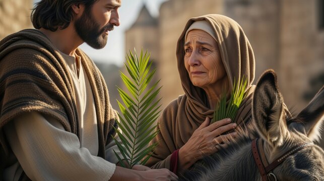 Jesus Christ on Palm Sunday holding a palm frond with an emotional woman. Biblical scene of the triumphal entry into Jerusalem with a donkey. Religious depiction of faith and devotion