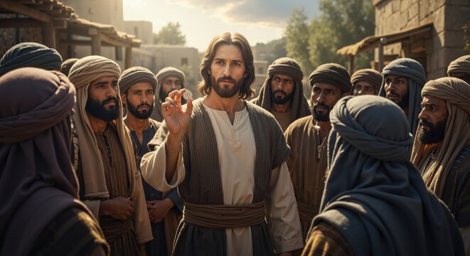 Jesus Christ holds up a coin while teaching a crowd of men in a biblical scene. The story of rendering unto Caesar from the gospel. A depiction of faith and religion