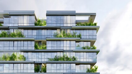 A modern multi-story building with lush greenery on its balconies under a cloudy sky