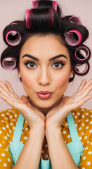 Close-up of woman with dark hair in pink hair rollers, wearing yellow polka-dot shirt and teal apron, hands supporting chin, playful expression, representing beauty, style, and retro charm