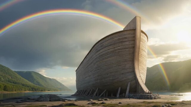 Noah's Ark and a vibrant rainbow after the biblical flood. Old man Noah raising arms in reverence. Divine covenant and hope concept