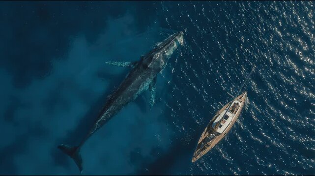 Aerial top view of a massive blue whale swimming alongside a sailboat in the open ocean. Drone footage of a giant marine mammal encounter with a yacht showing scale