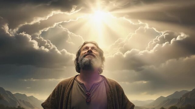 Bearded man looking up at divine light from a cloudy sky. Spiritual revelation and faith in an ancient biblical landscape. Prophet receiving a blessing