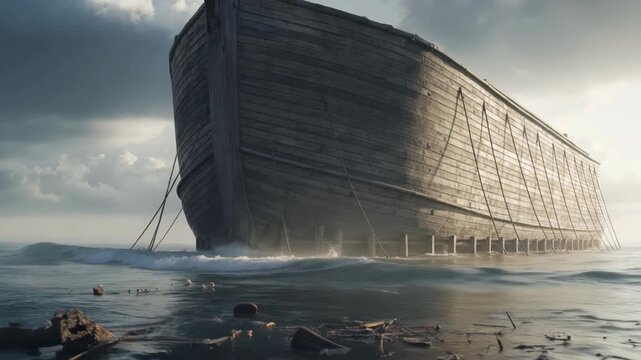 Noah's Ark in turbulent water. Biblical flood scene with a massive wooden ship. Dramatic storm clouds and crashing waves