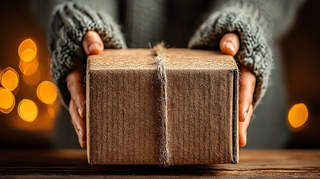 Hands unboxing a cozy gift with warm bokeh lights.
