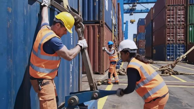 dock workers securing shipping container with spreader and crane at busy port terminal coordinating lashing and signals under bright sky among stacked colorful containers