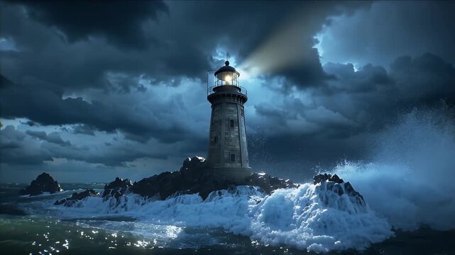 Waves crash against a lighthouse while light shines during a stormy night at sea
