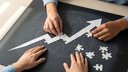Fototapeta premium Two pairs of hands assembling a puzzle in the shape of an upward-pointing arrow