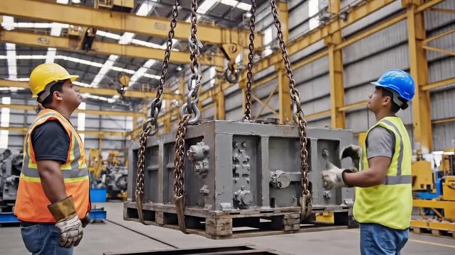 factory technicians securing heavy machine component with chain rigging inside bright production plant using wrenches and gloves to check gearbox lift and safety harnesses
