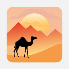 Fototapeta premium Desert Camel Sunset Landscape Illustration