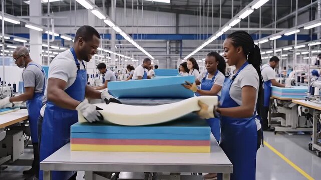 black factory workers assembling layered foam on table - wearing blue aprons and gloves - folding colorful foam layers - performing quality inspection - bright industrial lighting - conveyor