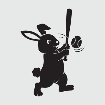 Easter Bunny Playing Baseball Silhouette Rabbit with Bat and Ball Illustration