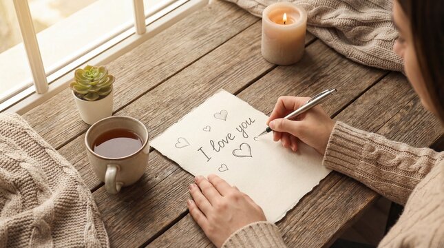 A girl writes a love letter on paper