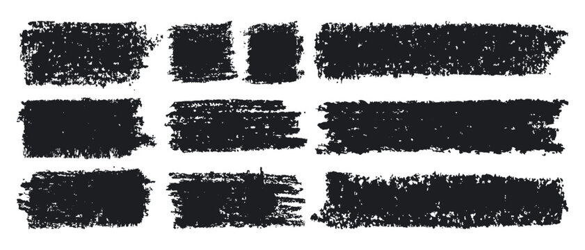 Grunge texture сharcoal brushes. Charcoal pencil strokes, hand drawn doodle rough charcoal brushes flat vector illustration set. Black chalk textures strokes on white background