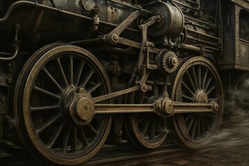 Historic steam engine mechanism vintage train station industrial low angle view timeless elegance