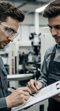 Two engineers review technical drawing on clipboard, collaborating in industrial setting showcasing teamwork and precision in manufacturing or engineering