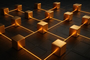 Exploring blockchain technology golden cubes network on dark abstract digital futuristic viewpoint