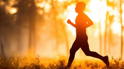 Runner moves through woods during sunset in warm evening light