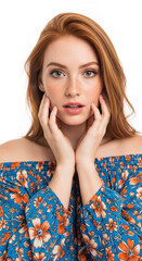 Close-up portrait of a young woman with red hair and freckles, wearing a floral dress, hands gently touching her face, showcasing natural beauty and feminine elegance