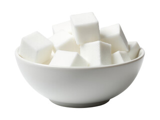 A bowl filled with sugar cubes on a clean and simple white background, ideal for use in food or dessert related designs
