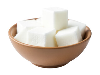 A bowl of sugar cubes on a white background, perfect for confectionery or baking scenes