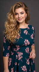 Woman with long blonde wavy hair wearing teal floral dress against gray background, showcasing feminine style and elegance