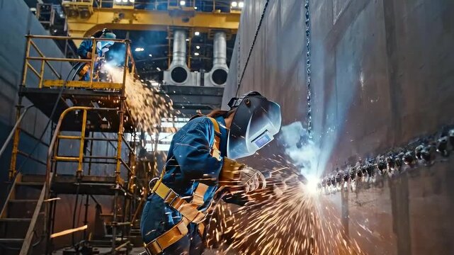 Welder sparks against ship hull - protective helmet and arc glow illuminate scaffolding while torch and electrode fuse steel seam in noisy industrial dock fabrication setting with molten