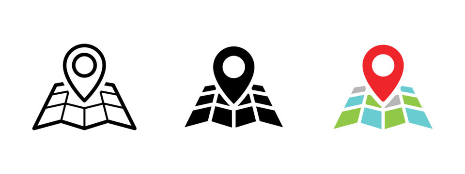 Map pin icon. Location marker and navigation map symbol. GPS navigation, destination search and route planning concept. Travel location sign. Address, direction and place finder pictogram.