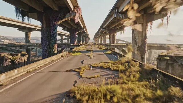 Overgrown highway overpasses symbolize the relentless power of nature reclaiming man-made structures, evoking a post-apocalyptic future where civilization has crumbled