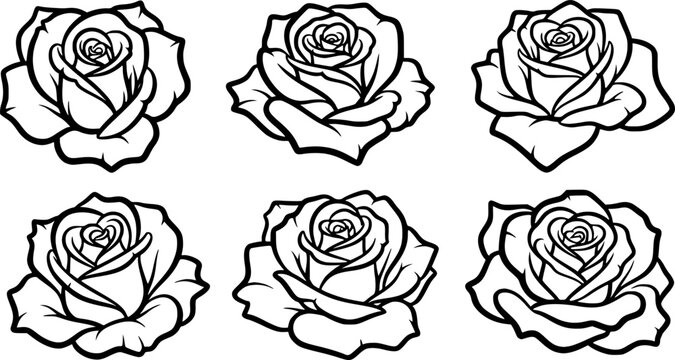 Six stylized rose outlines against a white background.

