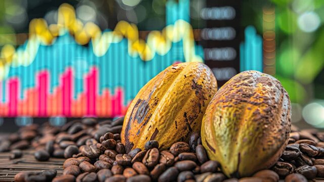 Commodity trading insights  cocoa and coffee beans on wood with stock market price fluctuations