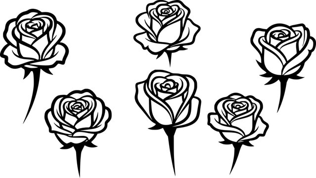 Six stylized rose outlines against a white background.
