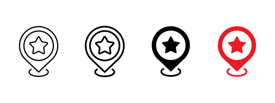 Favorite location icon set. Map pin with star symbol for marked places and points of interest. Navigation and gps location icons for maps, travel apps and interface design.
