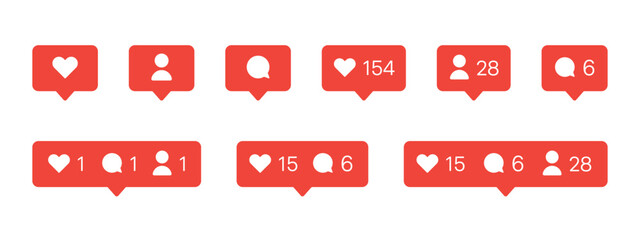 Social media notification icons with numeric counters. Like, comment and user bubbles showing followers and message counts. Interface UI elements for apps, websites and social networks alert systems.