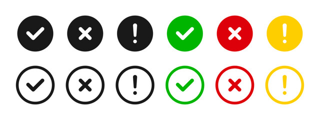 Status icon set with check mark, cross and exclamation symbols. Success, error and warning indicators. System notification and interface elements for confirmation, alerts and feedback states. © Chelpanoff