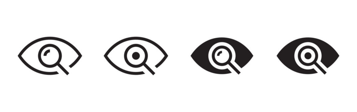 Eye search icon. View and visibility symbol with magnifying glass. Watching, scanning and visual inspection concept for user interface and navigation systems. UI element for search and content viewing