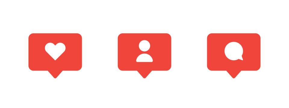 Social media notification icon set with message bubbles. Like heart, user profile and comment symbols for interface design, UI UX elements, alerts and feedback in social networks and mobile apps.