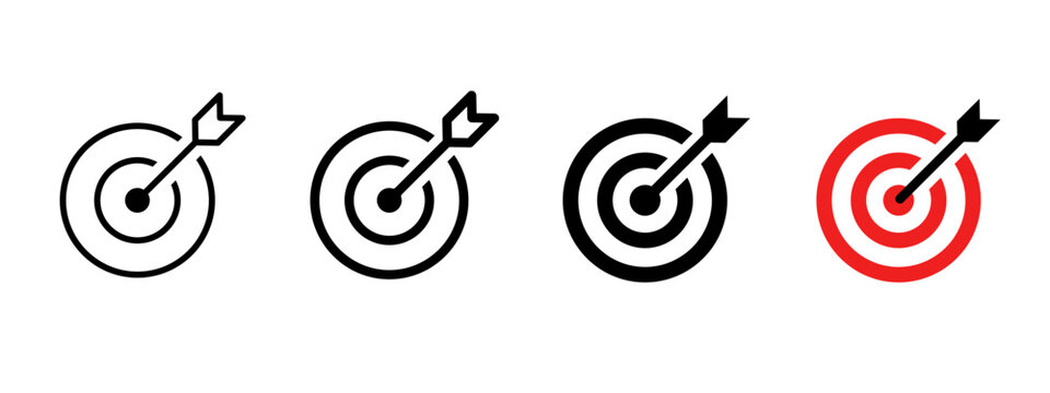 Target icon with arrow in center symbolizing goal, focus and accuracy. Bullseye pictogram for success, achievement, strategy and direction. Ideal for planning, performance, and business goals concept.