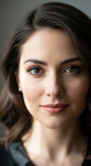 Close-up of woman's face, brown eyes, brown hair, soft skin texture.  Represents beauty, confidence, and natural elegance